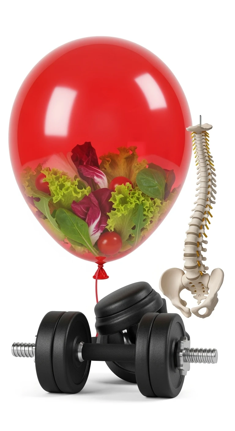 palloncino rosso con all'interno insalata, manubri da palestra e una spina dorsale anatomica realistica in 3d, isolato su sfondo bianco emoji
