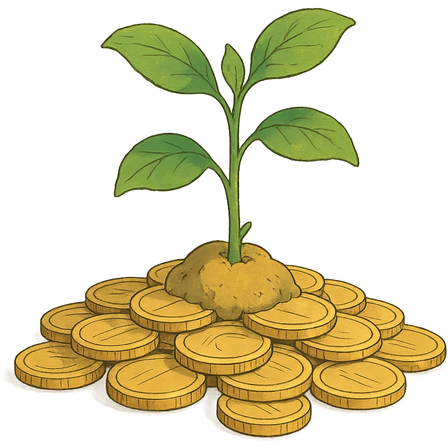 ghibli style investment concept with plant growing from coins emoji