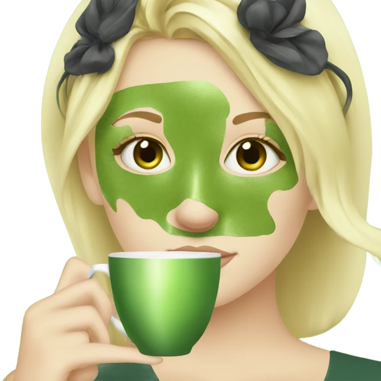 Blond girl wearing skincare mask drinking matcha  emoji