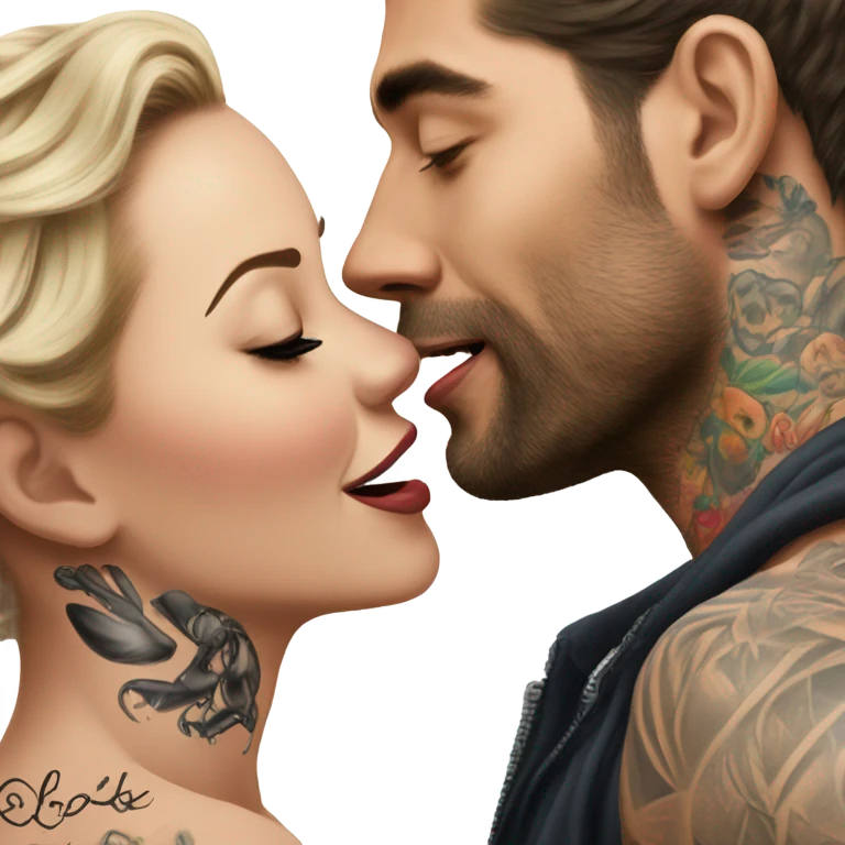 Photo Realistic beautiful woman kissing a very handsome tattooed man emoji