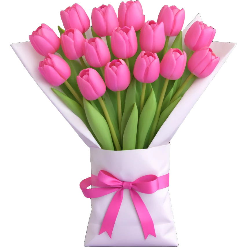 a bouquet of pink tulips in a white paper bag tied with a pink ribbon, 3D iOS emoji style, extra soft pastel colors, very gentle shadows, ultra minimalistic design emoji