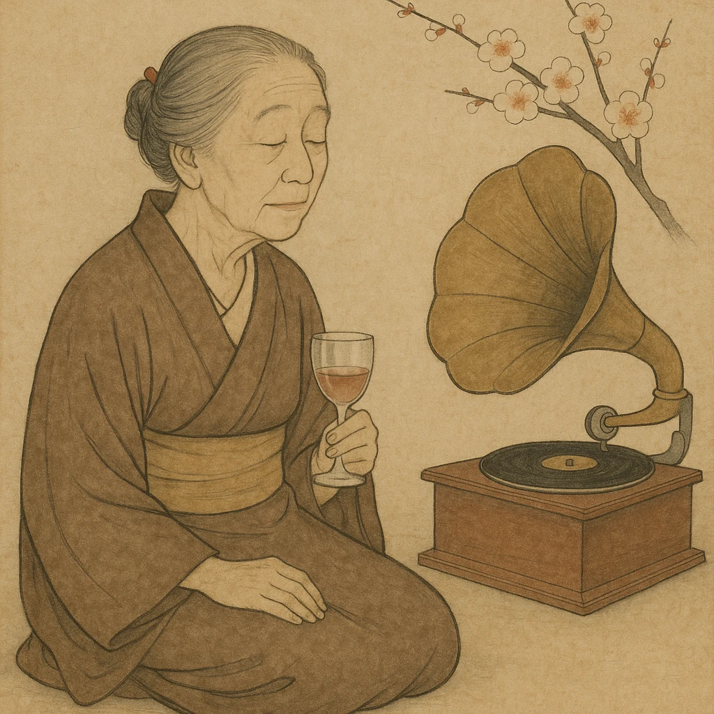 old lady with wineglass listening to gramophone emoji
