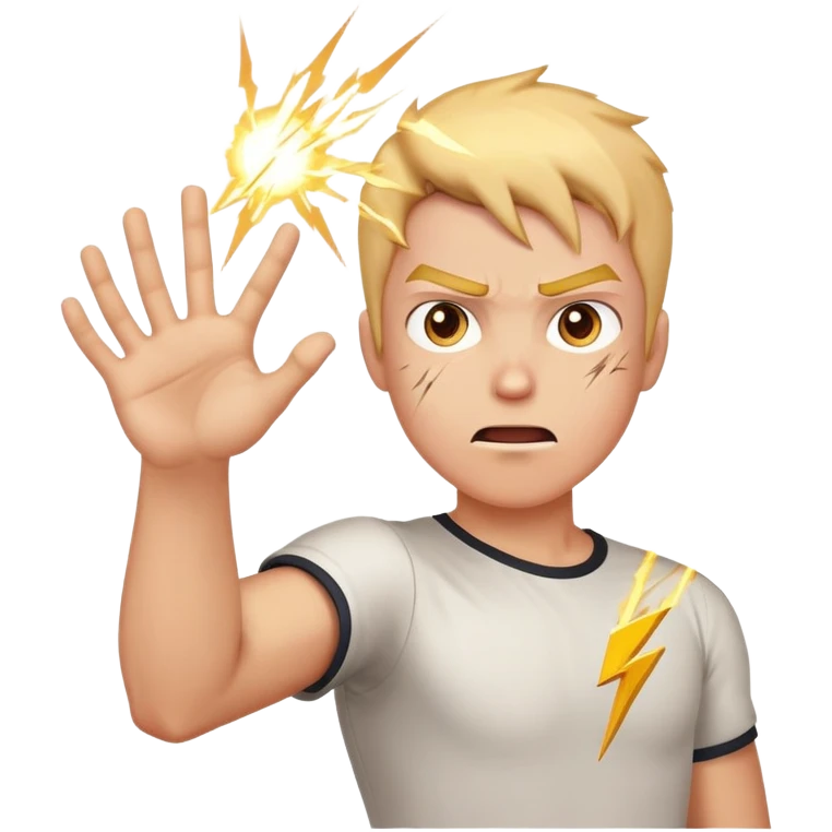 person aiming open palm hand at viewer, hand takes up most of the image, wrathful destructive facial expression, lightning blasts in background emoji