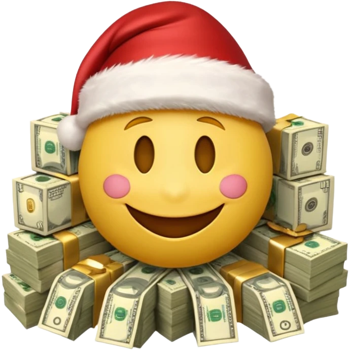 A festive 3D emoji style yellow smiley face wearing a Santa hat, surrounded by stacks of cash and dollar bills, joyful expression, Christmas and New Year theme, high quality, clean design, studio lighting, no text, no background, isolated object, transparent background, emojis.com style emoji