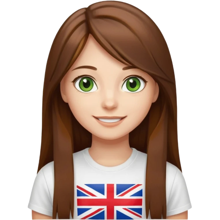 Una chica con pelo liso, largo y marrón. Ojos verdes, camiseta blanca con una bandera de Reino Unido. emoji