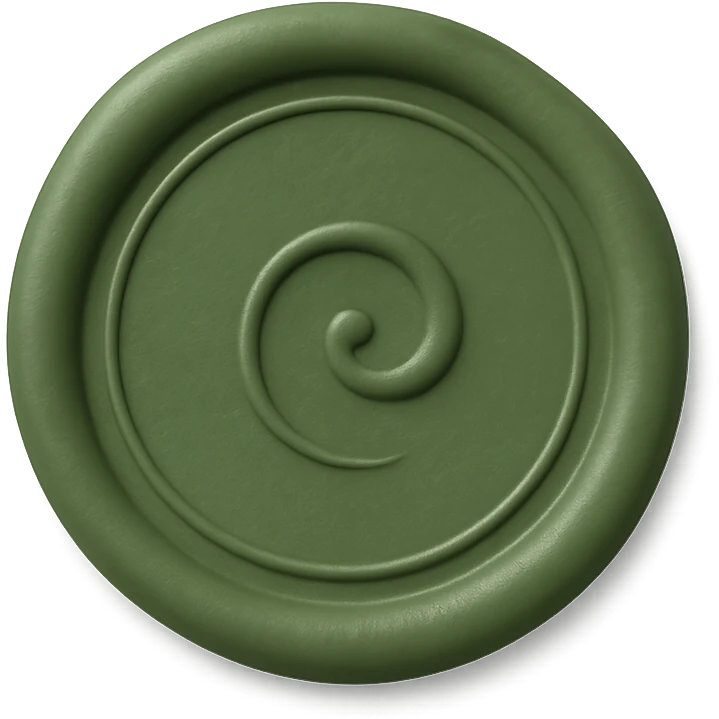 green wax seal, circular shape, matte finish, small swirl in the center, minimalistic style emoji