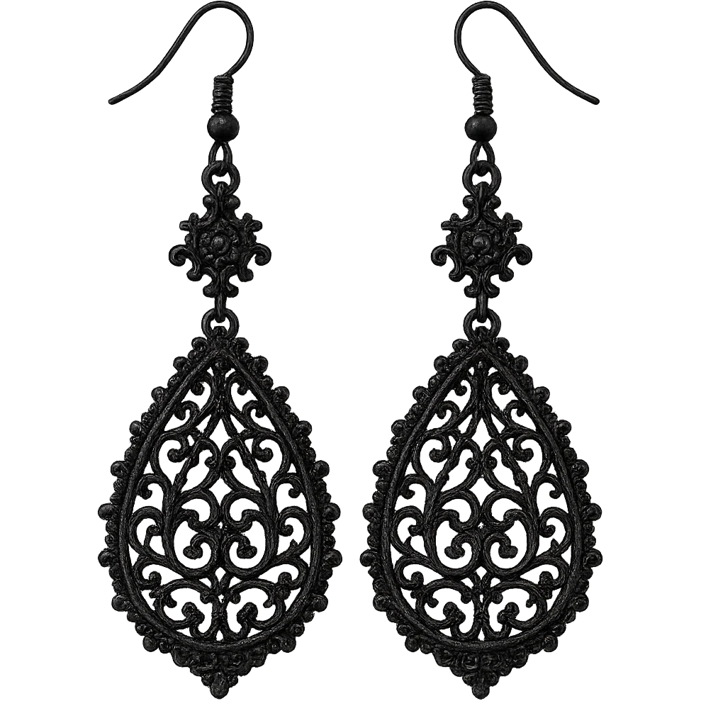 goth earrings, black lace teardrop, victorian gothic, ornate emoji
