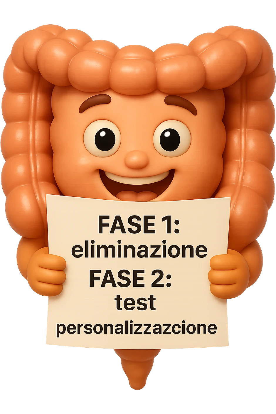emoji stile iphone 3d di un intestino che tiene in mano un foglio con la scritta "FASE 1: eliminazione, FASE 2: test, FASE 3: personalizzazione, IPERREALISTICO 4K emoji