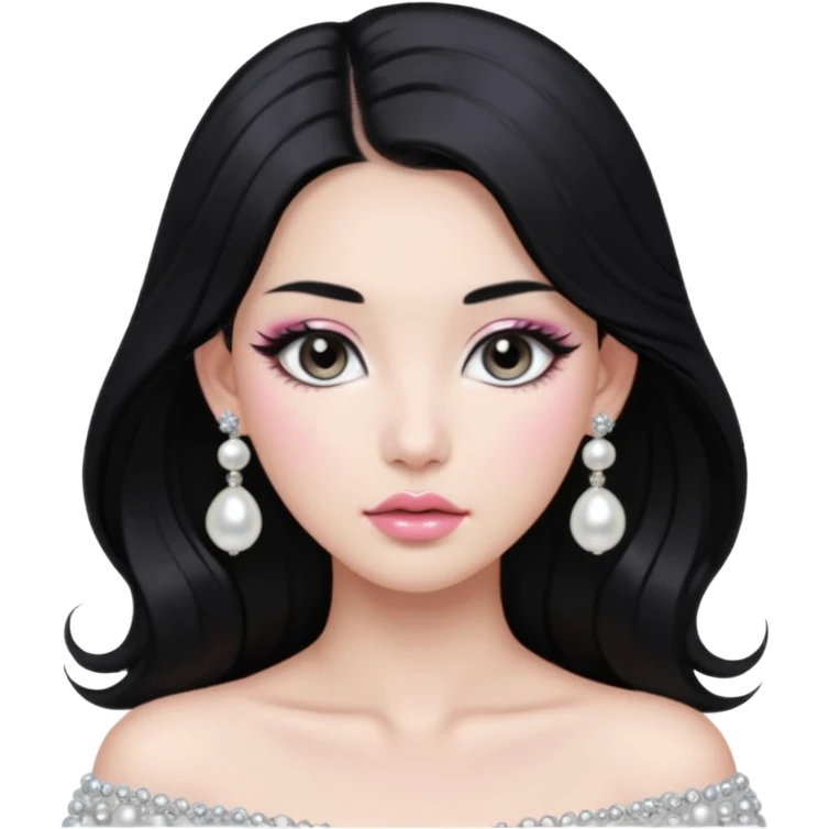 asian long voluminous black hair silver grey eyes glossy lips glittery white and light pink eyeshadow girl pearl earrings emoji