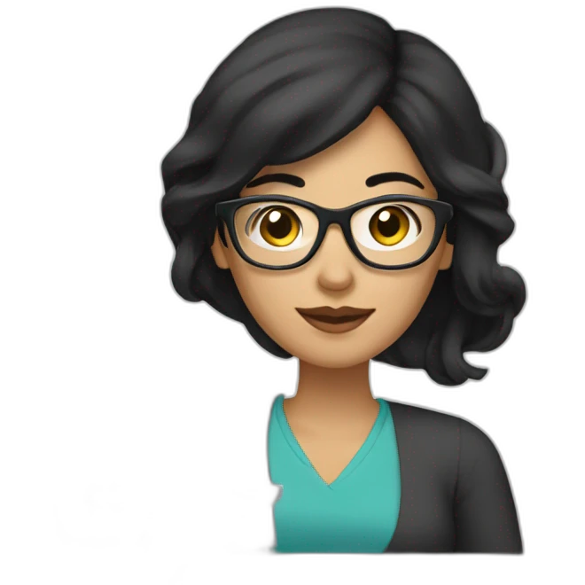 create emoji of a woman with medium black hair, wearing glasses and white, working with a computer emoji