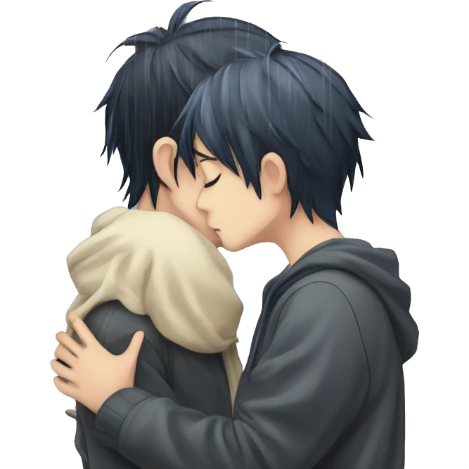 Anime girl anime boy kissing rain emoji
