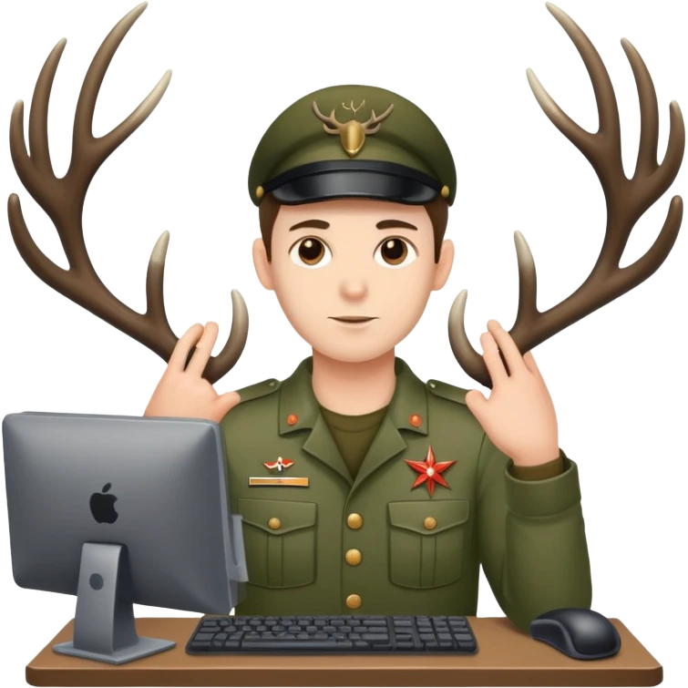 Guy works at computer with deers antlers, military clothes  emoji