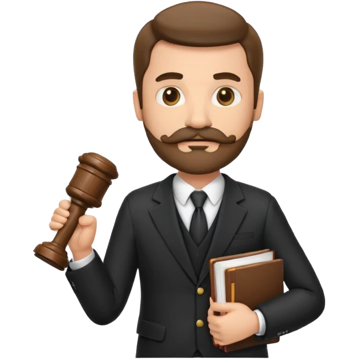“Create a clean, modern emoji-style illustration of a male lawyer. He is wearing a formal suit jacket. He is holding a judge’s gavel in one hand and has a law book tucked under his arm. He has a mustache and beard! emoji