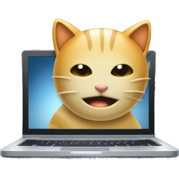 create an anonymous hacker emoji, having a  laptop, and in that laptop display a set of hacking programming is running in the laptop display. make that emoji background is black. And also the face of the emoji looks like cute technical creative cat emoji