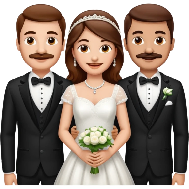 White skin brown hair Bride and 2 grooms. 1 Indian groom and one white groom with a moustache emoji