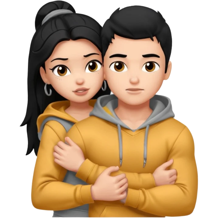 a pretty bratz boy with black hair and a grey hoodie, big biceps, hugging a girl with dark brown hair emoji