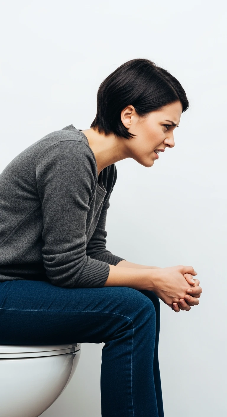 DONNA SEDUTA SUL WC DI PROFILO CON ESPRESSIONE DI DOLORE IN VOLTO PERCHé SOFFRE DI CISTITE, SFONDO BIANCO emoji