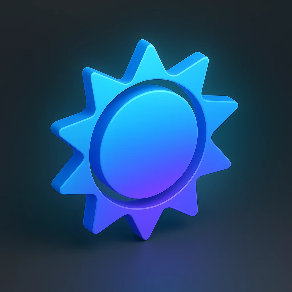 Improve the 3D style sun without a face, with colors and glow identical to the example. Use a gradient from blue to purple with a glowing effect. No faces or internal details. Suitable for a Discord role icon. emoji
