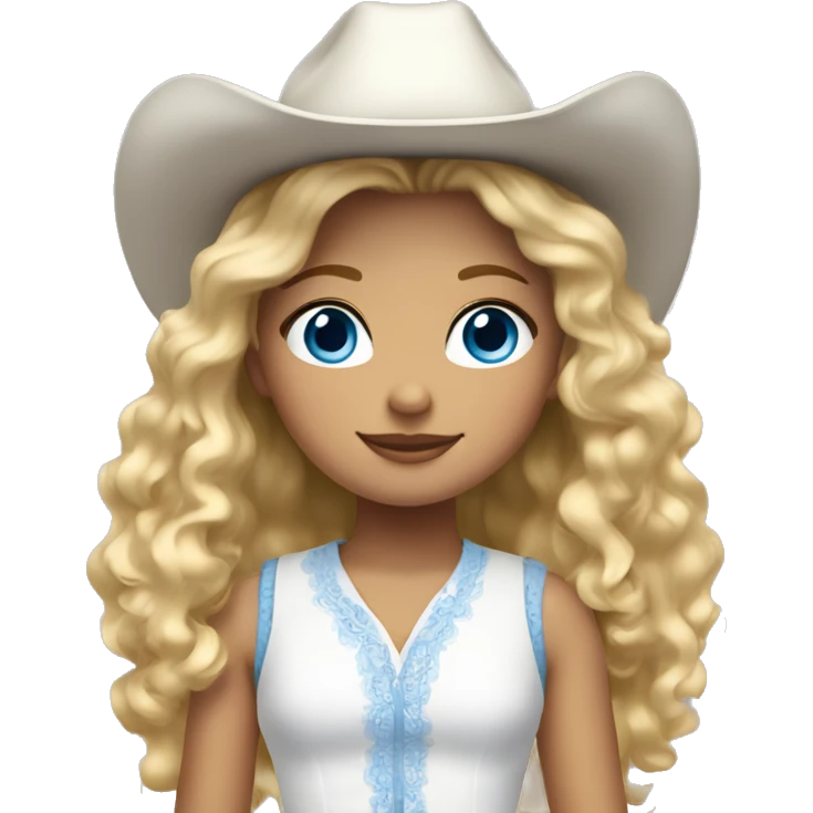 Young girl with curly blonde hair, blue eyes, dressed in white dress and cowboy boots emoji