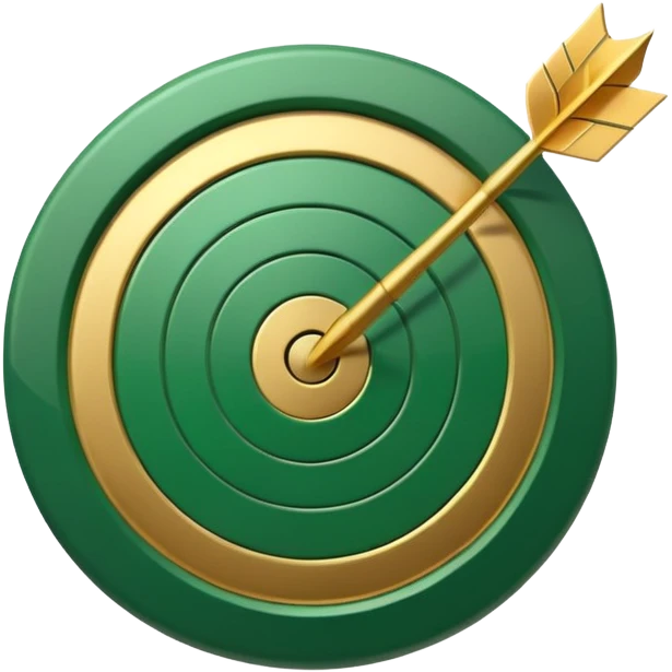3D target icon with arrow hitting bullseye, modern glossy style, deep green (#0B3D2C) rings, gold (#C9B037) center and arrow, subtle glow, transparent background, premium render emoji