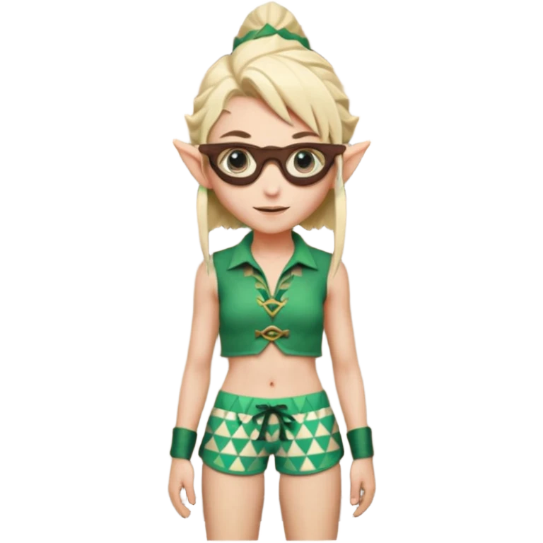 elf female legolas portrait, patterned board shorts (geometric/abstract), unique wooden-framed sunglasses, undercut hairstyle, slight smirk, visible pointy ears, no background, centered emoji, hipster summer vibe coctails emoji