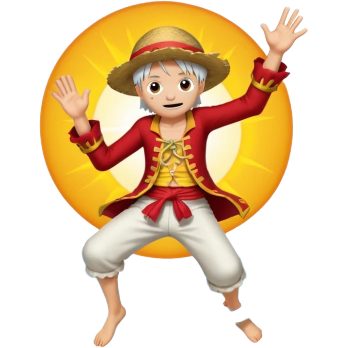 the king of the pirates (luffy) with white hair and clothes jumping in front of the sun emoji