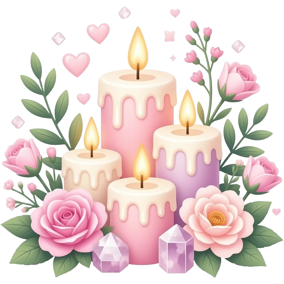 Aesthetic scenic romantic pastel roses pastels beautiful gorgeous holy divine spiritual pretty elegant sparkly shiny scene of Candles, flowers, plants leaves, rose quartz crystals, scenic aesthetic scenery Transparent background emoji