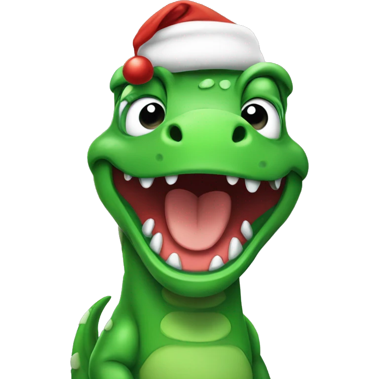 happy green dino wearing santa hat emoji