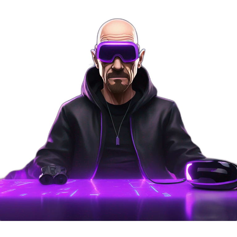 Walter White wearing a black hoodie with "OMG" letters on it and VR headset in a cyberpunk VR environment with violet neon lighting. emoji