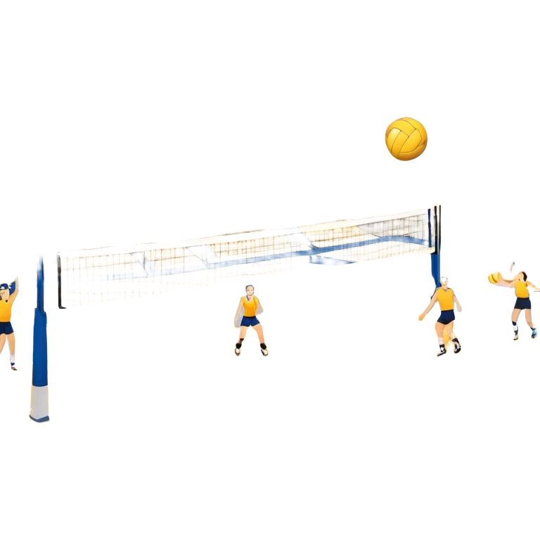 A close-up of a volleyball on the court, with the net in focus and the court markings visible. The background shows the stands filled with spectators, creating an energetic atmosphere of a volleyball match, with attention to detail on the equipment and the surrounding environment. emoji