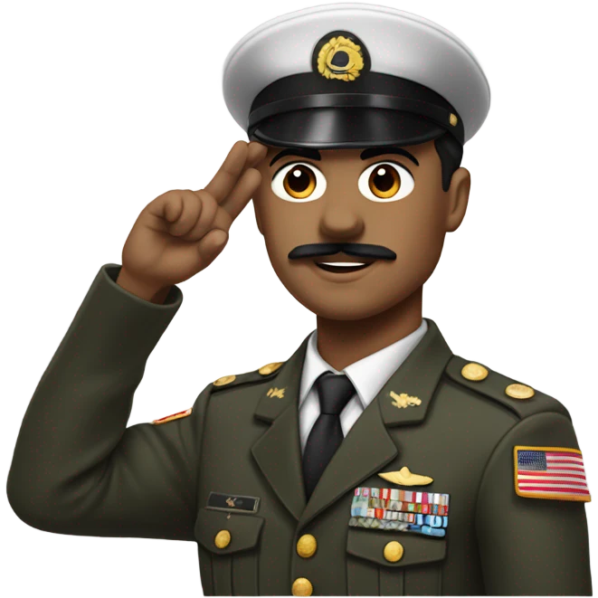 Man with black hair  in a military uniform with a moustache and side-swept bangs and with his right hand raised up emoji