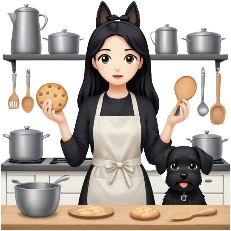 pale girl with long black hair wearing black long sleeve tshirt wearing apron and baking treats holding black floppy ear schnauzer no tail emoji