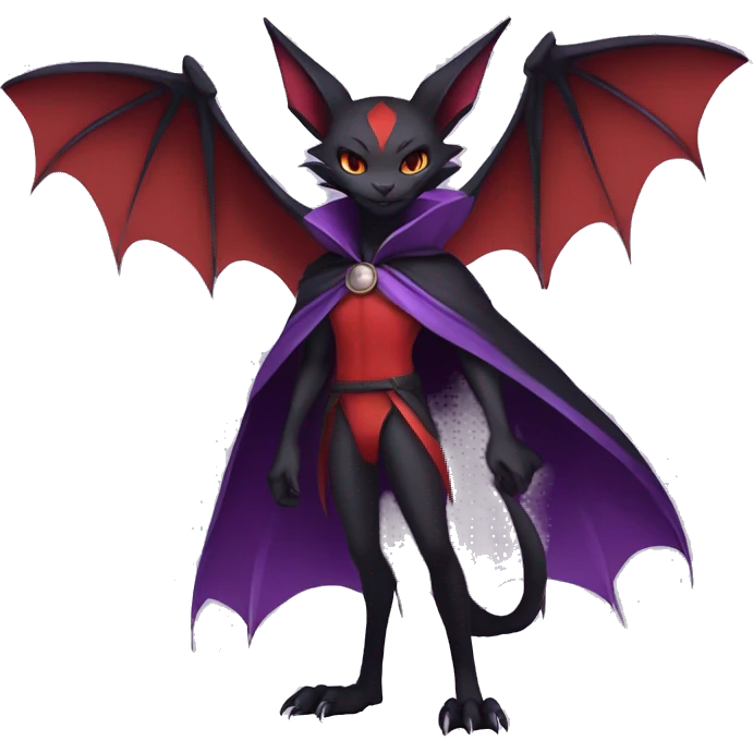  Black Red Purple Anthro Kawaii Edgy Cool Vampiric Demonic Beautiful Noivern-Nargacuga-Litten with big Bat Ears and wearing a cape and collar full body emoji