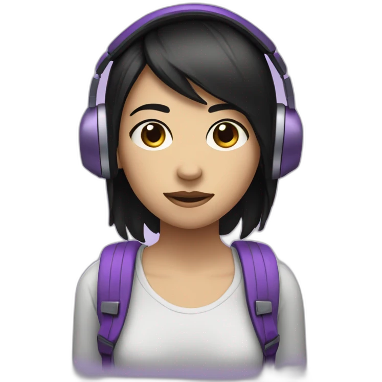 a depressive girl with purple headphones and straight black hair she will have a purple backpack emoji