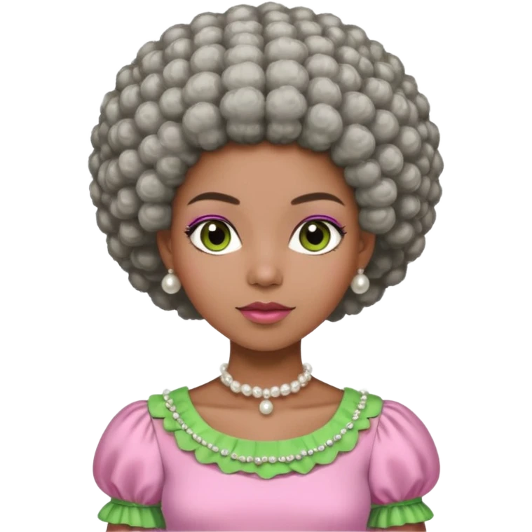 Pretty Brown woman with a very very short stylish gray Afro  wearing pink and green dress  and pearl blouse with sleeves emoji