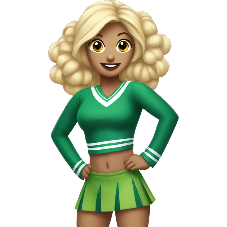 blonde cheerleader wearing green only uniform holding pink pompoms that looks like chrissy chlapecka emoji