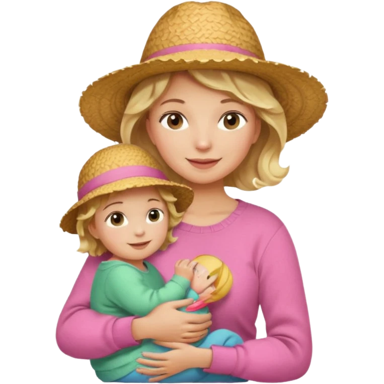 A cheerful wavy short blond hair mom in a straw hat carrying her child, wearing a pink sweater emoji
