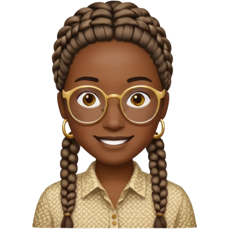 smiling face with black skin tone, golden glasses, braided hair, beige patterned shirt, no sweat drop, simple and expressive emoji
