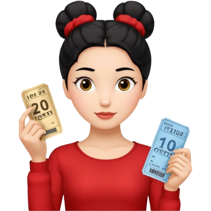 A girl with a one bun of black hair, wearing a red long-sleeved shirt and holding theater tickets emoji