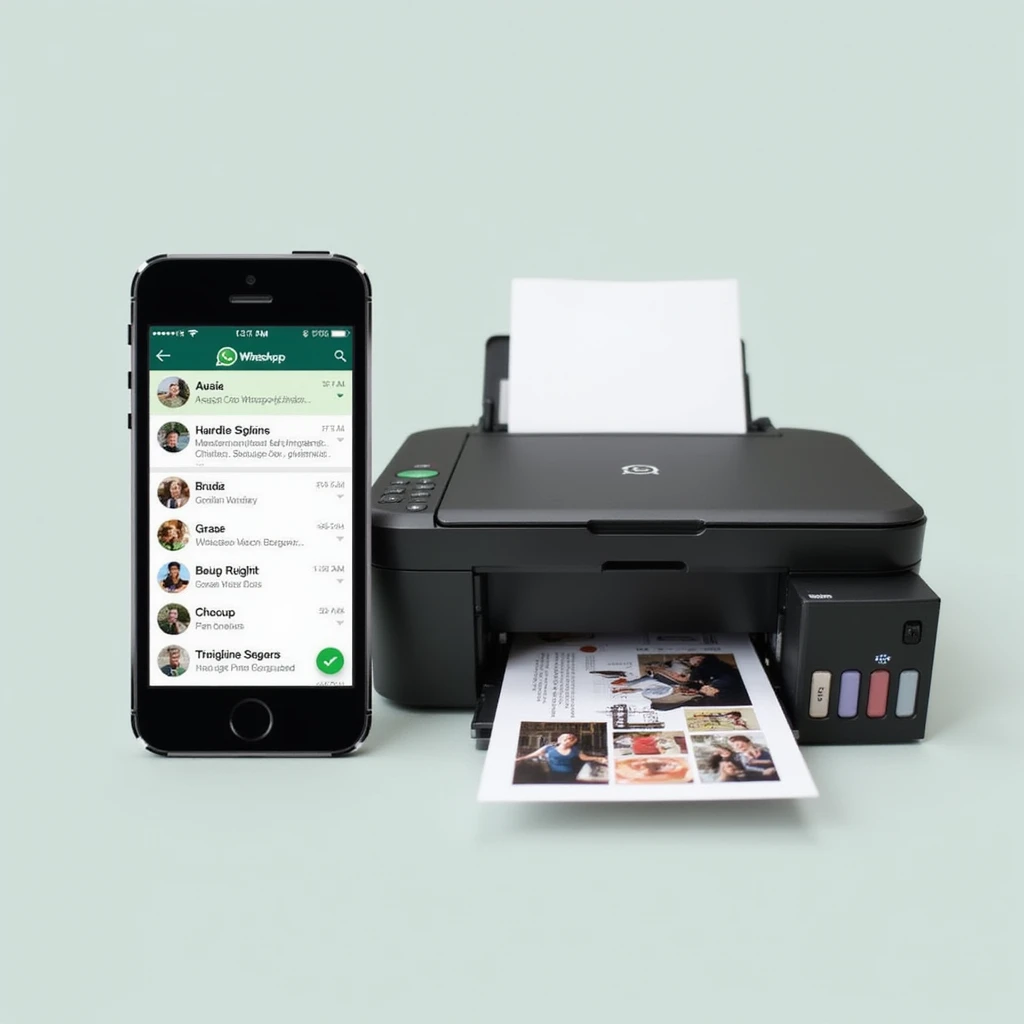 realistic thumbnail for a WhatsApp print out service, with a smartphone on the left side displaying WhatsApp chat with images and document icons, and a printer on the right side outputting printed photos and documents, clean background emoji