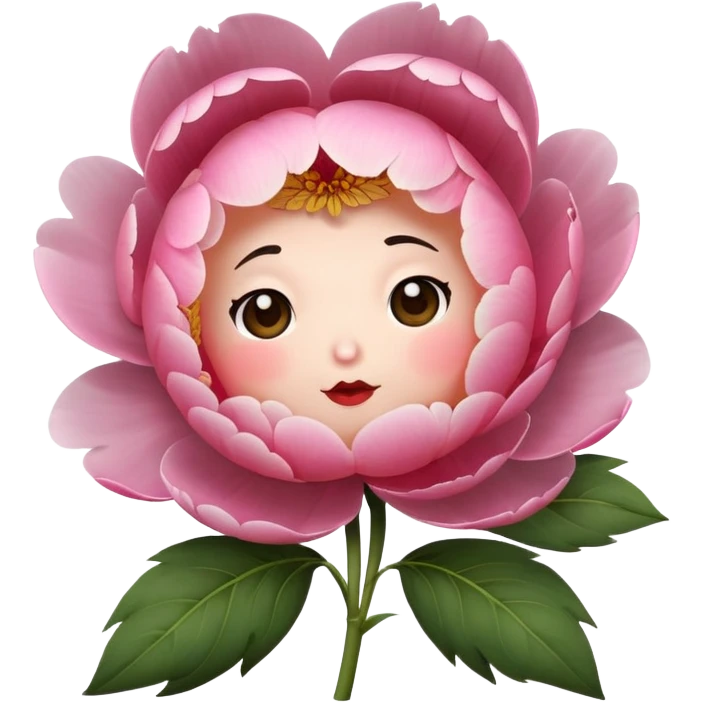 pink peony flower with a round body, blushing cheeks, nervous expression emoji