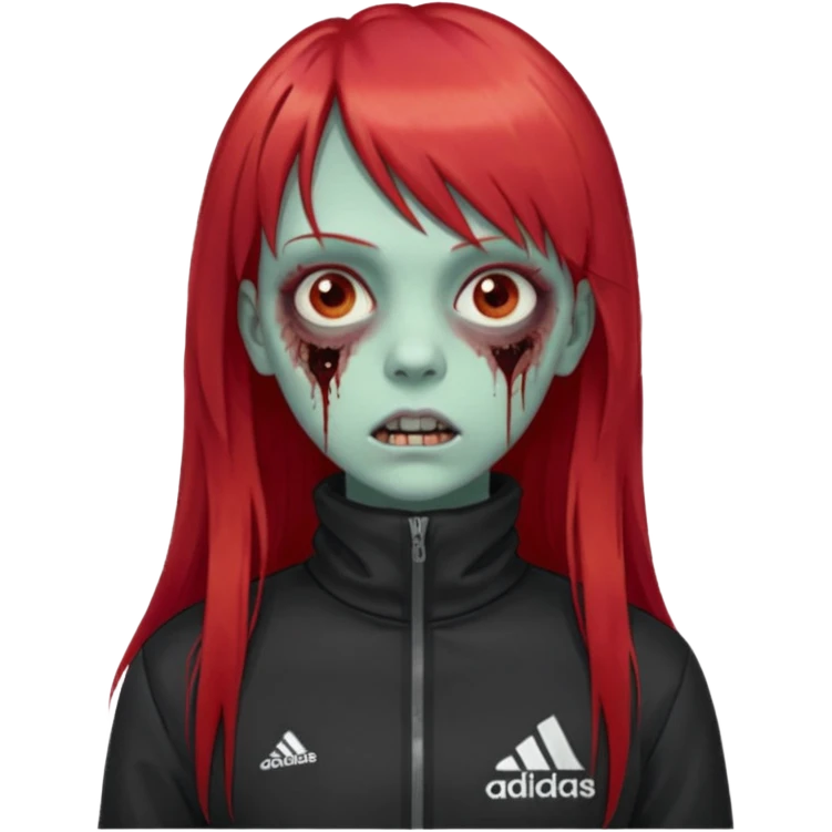 Crie um emoji de uma menina zumbi  com o cabelo vermelho longo com uma franja reta casaco de gola alta da adidas emoji