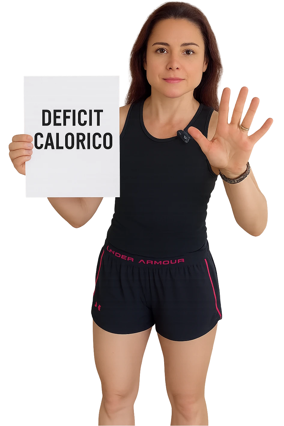 Donna con in mano una dieta con scritto "Deficit Calorico" emoji
