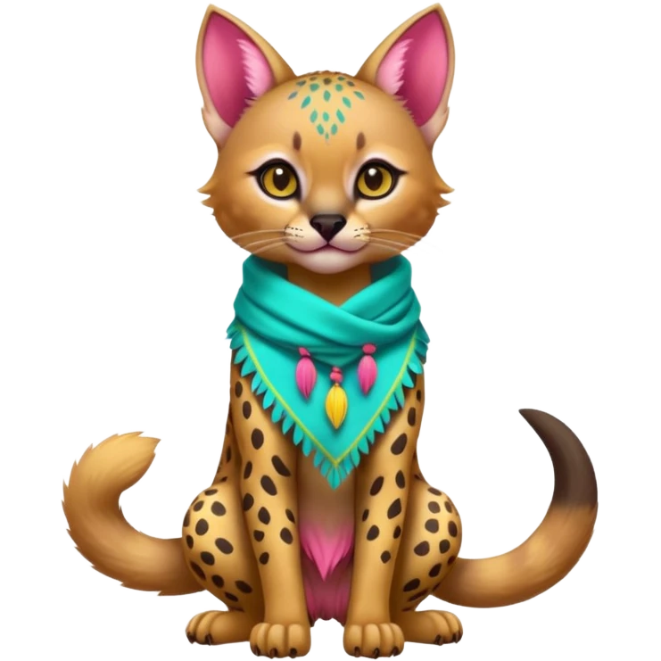 Colorful cute adorable tropical exotic fruity kiwi-green lemony rosy-pink blushing pastel neon-red Caracal-Cheetah-Civet-Trico-fusion-hybrid-animal-creature, full body, with tribal tattoos, wearing a yellow-and-cyan scarf emoji