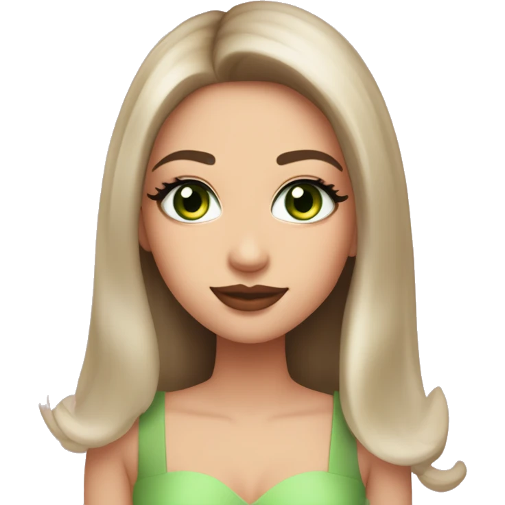 beautiful girl with high cheek bones orange blush, long straight shiny dark brown hair, big green eyes and big pale pink lips. Long thick eyelashes. Wearing a cream bustier.  She is smiling emoji