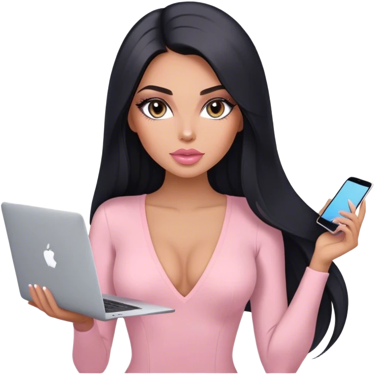 Glamours, tanned, very beautiful girl, with big pump peach-beige-rose lips, long lashes, black straight smooth silky long hair, straight parting hair, blue-grey eyes, in light-pink v-neck bodysuit holding MacBook emoji