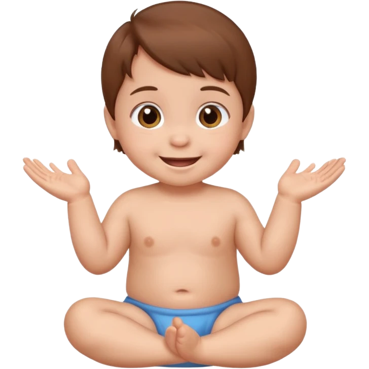 A smiling baby with brown hair, sitting, moving its arms and hands. emoji