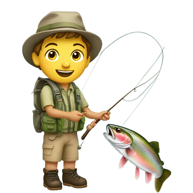 outdoor portrait of a boy fly fishing for rainbow trout emoji