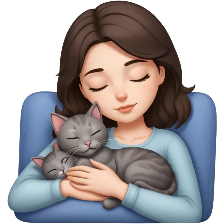Grey kitty sleeping on brunette white girl's lap emoji