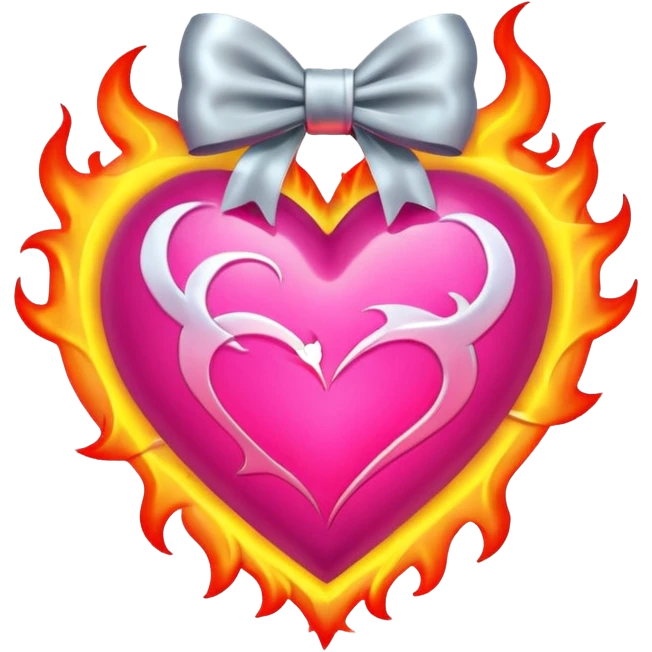 neon heart with a silver bow with heart pattern on the bow, with flames emoji